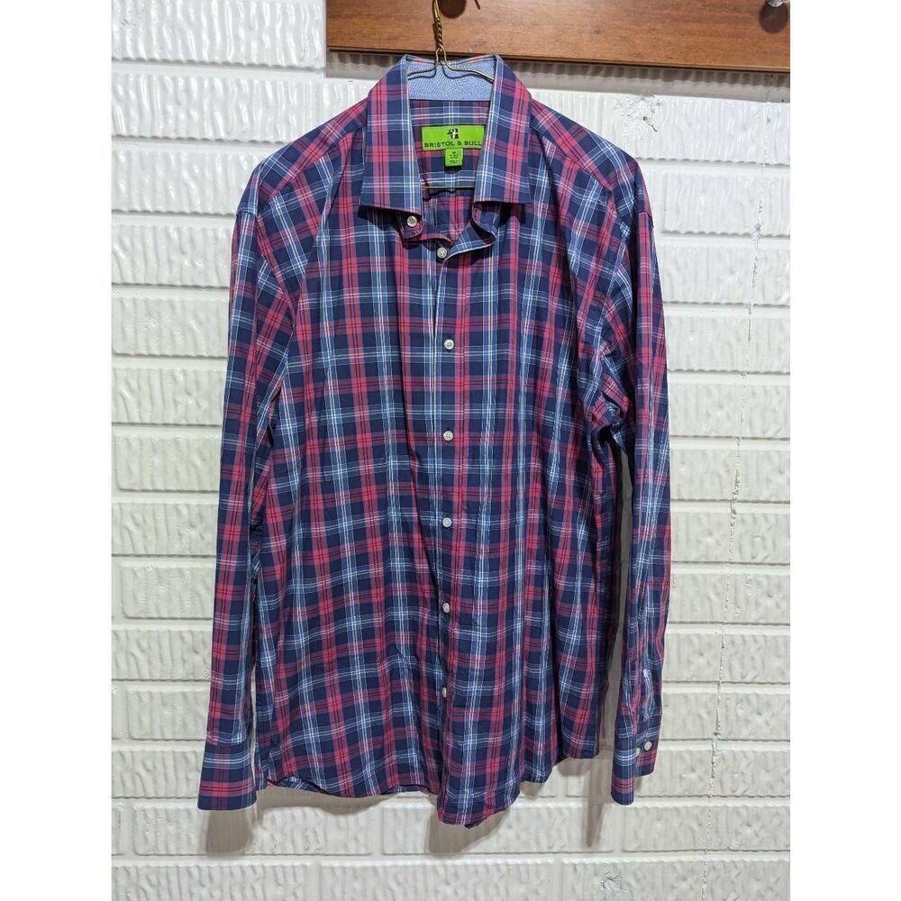 Bristol & Bull Men's Blue Hot & Pink Plaid Button-Down Shirt Size M 15/15.5 Slee